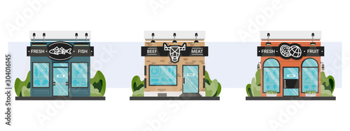 Local fresh fish, meat and grocery shop storefront entrances with line signs isolated on white. Food market in neighborhood. Healthy ecological local food. Small business and entrepreneurship concept.