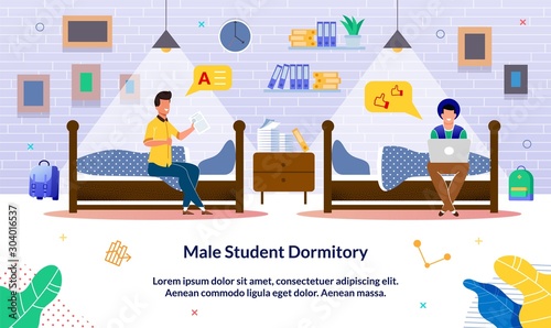 Banner Written Male Student Dormitory, Cartoon.