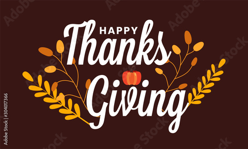Hand drawn Happy Thanksgiving typography poster. Celebration text with pumpkin and leaves for postcard, icon or badge. Vector calligraphy lettering holiday text.