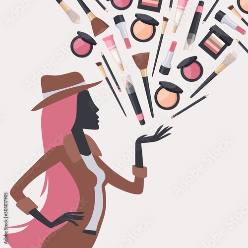 Woman silhouette with beauty cosmetics, vector illustration. Makeup catalog cover, face skin care accessories, cosmetology products. Fashion model presents cosmetic set for women