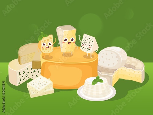 Cheese vector illustration. Various kinds of different cheese, tasty natural dairy products, delicious blue cheese. Organic food store poster, brochure or booklet cover