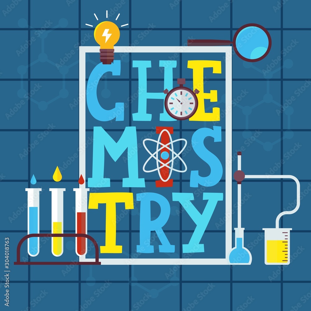 Chemistry typographic poster, vector illustration. Colorful letters in