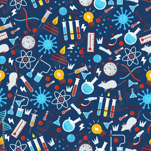 Chemistry seamless pattern, vector illustration. Laboratory research icons in flat style, chemical glassware emblems. Science lab items, pharmacy and medicine studying