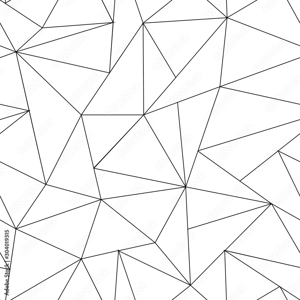 Abstract triangle seamless pattern. Irregular polygonal linear grid. Geometric background. Vector black and white backgroung