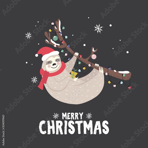 Christmas greeting card with happy cute sloth vector illustration. Joyful animal hanging on branch in cozy and warm clothes and xmas cap. Winter holidays concept