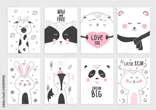 Cute posters and cards with funny animals set vector illustration. Joyful racoon hedgehog cat and fox with nice inscription. Prints for female t-shirt concept