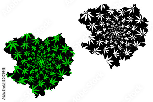 Kharkiv Oblast (Administrative divisions of Ukraine, Oblasts of Ukraine) map is designed cannabis leaf green and black, Kharkivshchyna map made of marijuana (marihuana,THC) foliage......