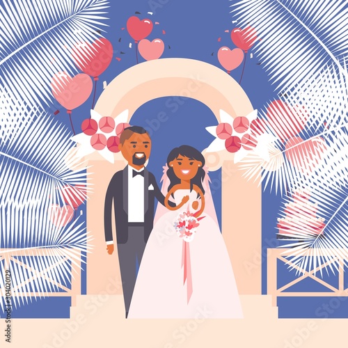 Bride and groom at wedding ceremony, vector illustration. Flat style cartoon characters and symbols of love. Happy newlywed couple standing under wedding arch