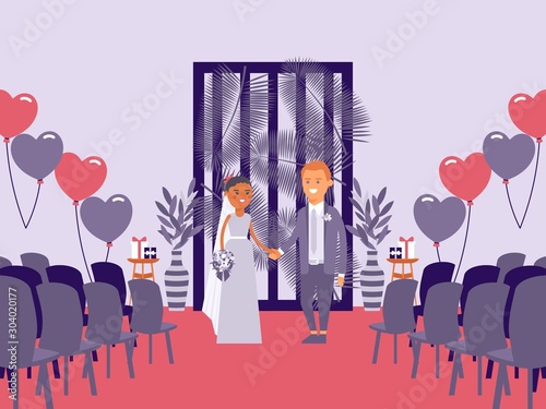 Bride and groom at wedding ceremony, vector illustration. Flat style cartoon characters in empty hall. Happy newlywed couple standing in front of chairs