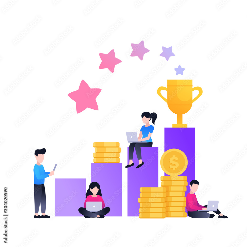 Business achievement flat vector illustration. Small people working on laptops around columns with pile of coins, golden cup and stars. Businessmen rich their goals landing page template
