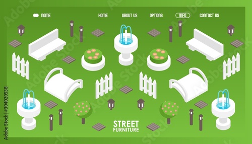 Isometric icons for street furniture shop website, vector illustration. Landing page template with elements for park or garden in summer. Set for isometric game