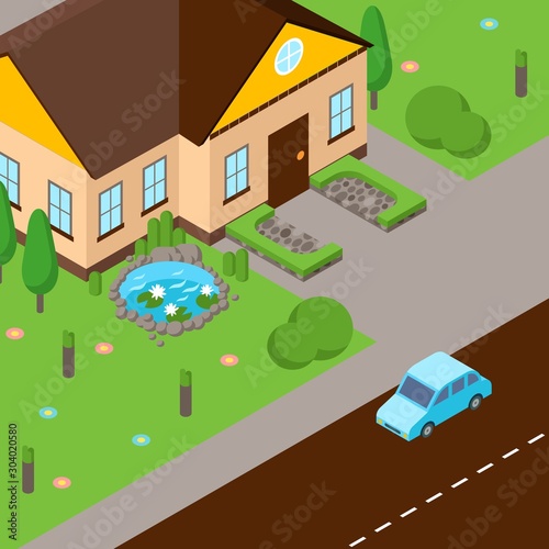 Fototapeta Naklejka Na Ścianę i Meble -  Isometric street scene, vector illustration. House with green lawn, street and car on road. Perspective view from above. Isometric game design in cartoon style