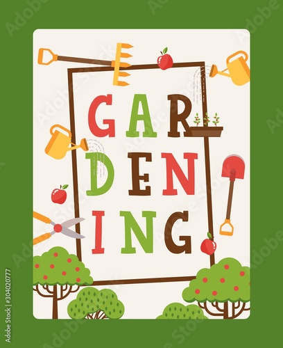 Gardening typographic poster, vector illustration. Book cover for gardeners, tools icons in flat style, work in garden. Spade, rake, shears and watering can