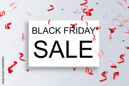 Black Friday sale discount promo offer poster or advertising flyer and coupon. piece of paper and realistic black gift bow tie ribbon