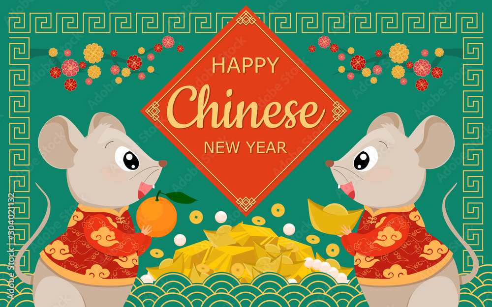 Obraz premium Rat zodiac Happy Chinese New Year 2020 greeting card. Mouse cartoon characters in costume are blessing a happiness, lucky and wealthy with orange, gold, pearl and money.