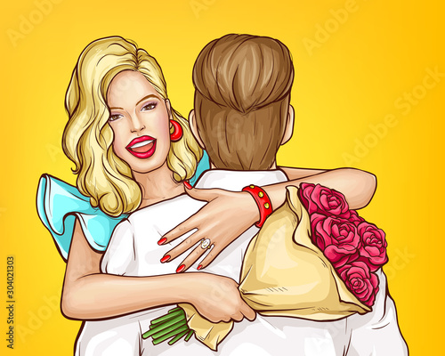 Declaration of love, engagement pop art vector concept. Happy young woman with bouquet of roses in hand and shiny precious ring on finger hugging man illustration. Valentines holiday celebration