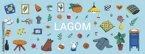 Lagom. Concept of Scandinavian lifestyle. IHorizontal banner with lagom lettering and cozy home things like pillow, plants, furniture on blue background. Colorful flat vector illustration. photo