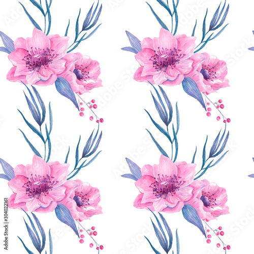 Watercolor pattern gentle trend bud of a pink anemone flower with sprigs of lilac leaves and grass. Hand drawn isolated on a white background.