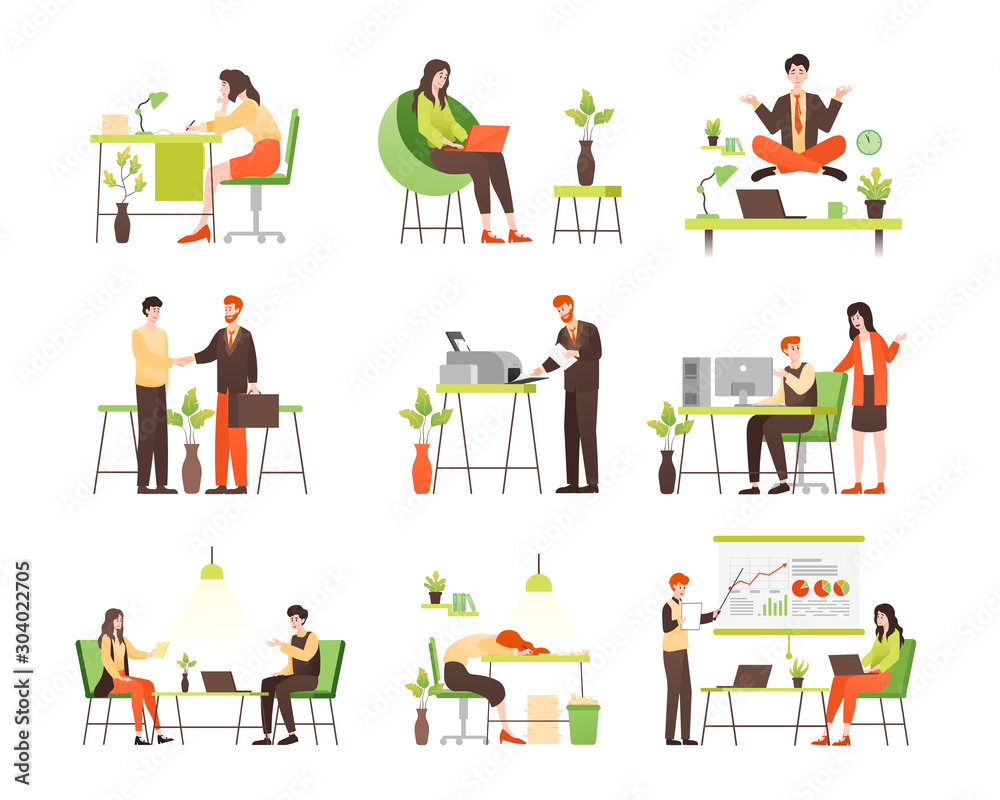 Office worker illustration. Various actions and activities