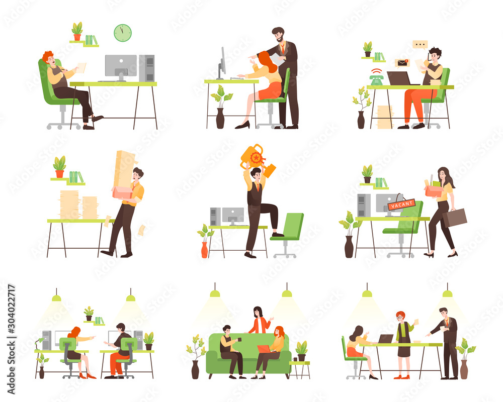 Business people character in office set. Various actions and activities Business people character in office set. Various actions and activities
