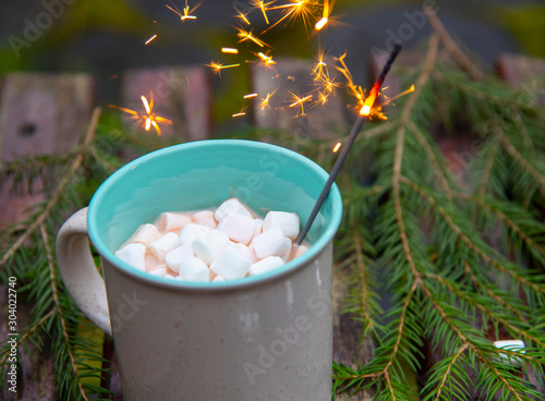 Christmas sparkler in a cup of hot chocolate with marshmallows © FO_DE