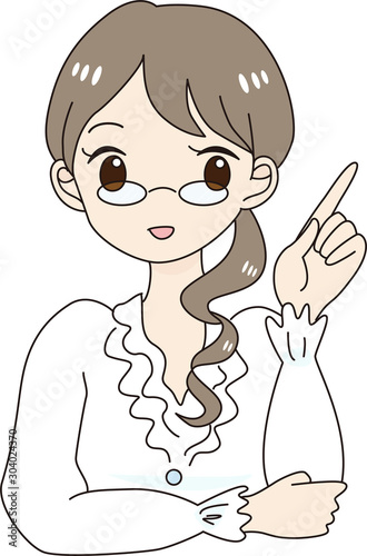 女性　メガネ　キャラクター　指を差す　説明　白シャツ　ポイント　案内　OL　ビジネス　清楚　かわいい