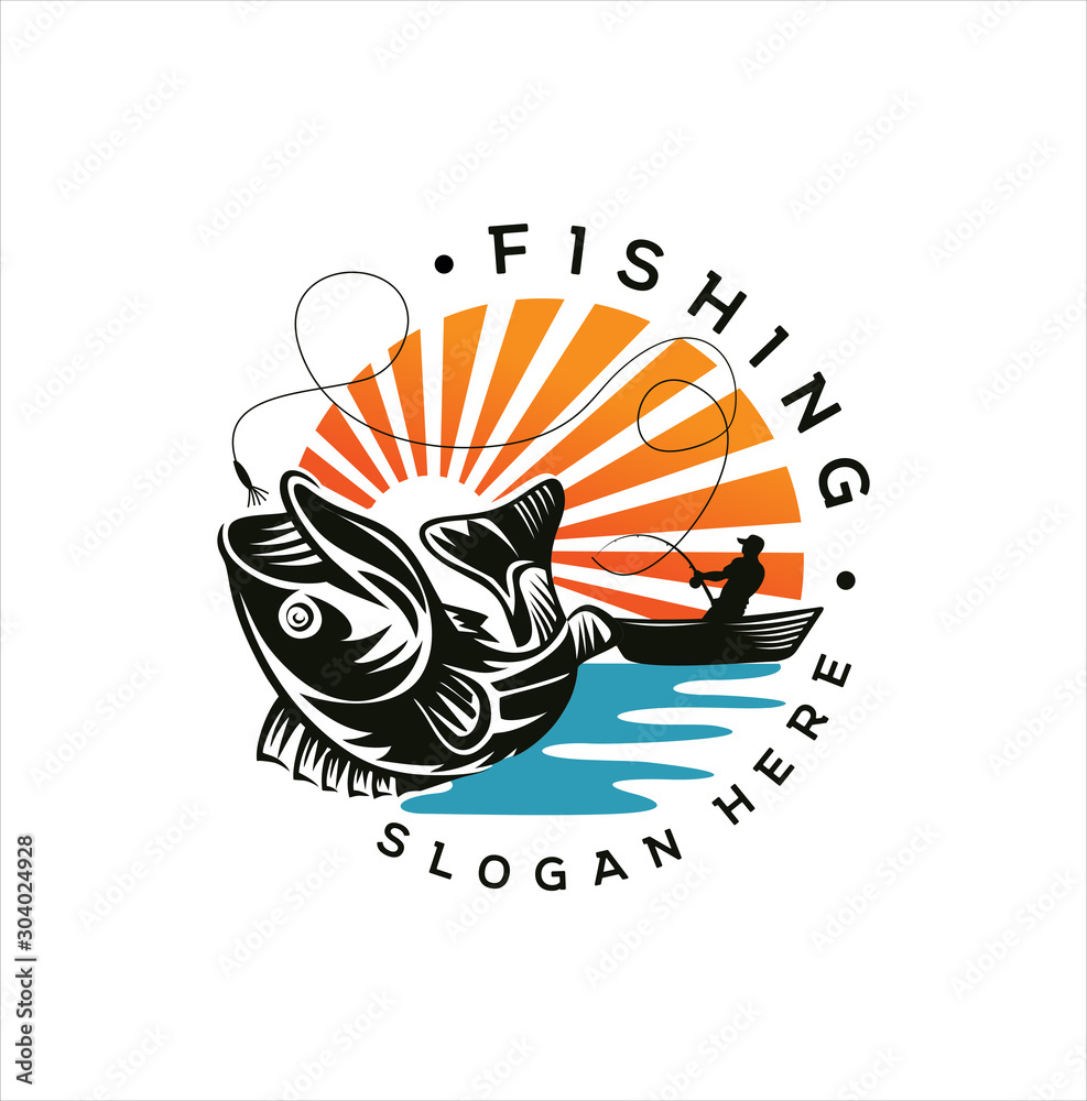 Fishing logo design template. Fishing logo bass fish with club emblem