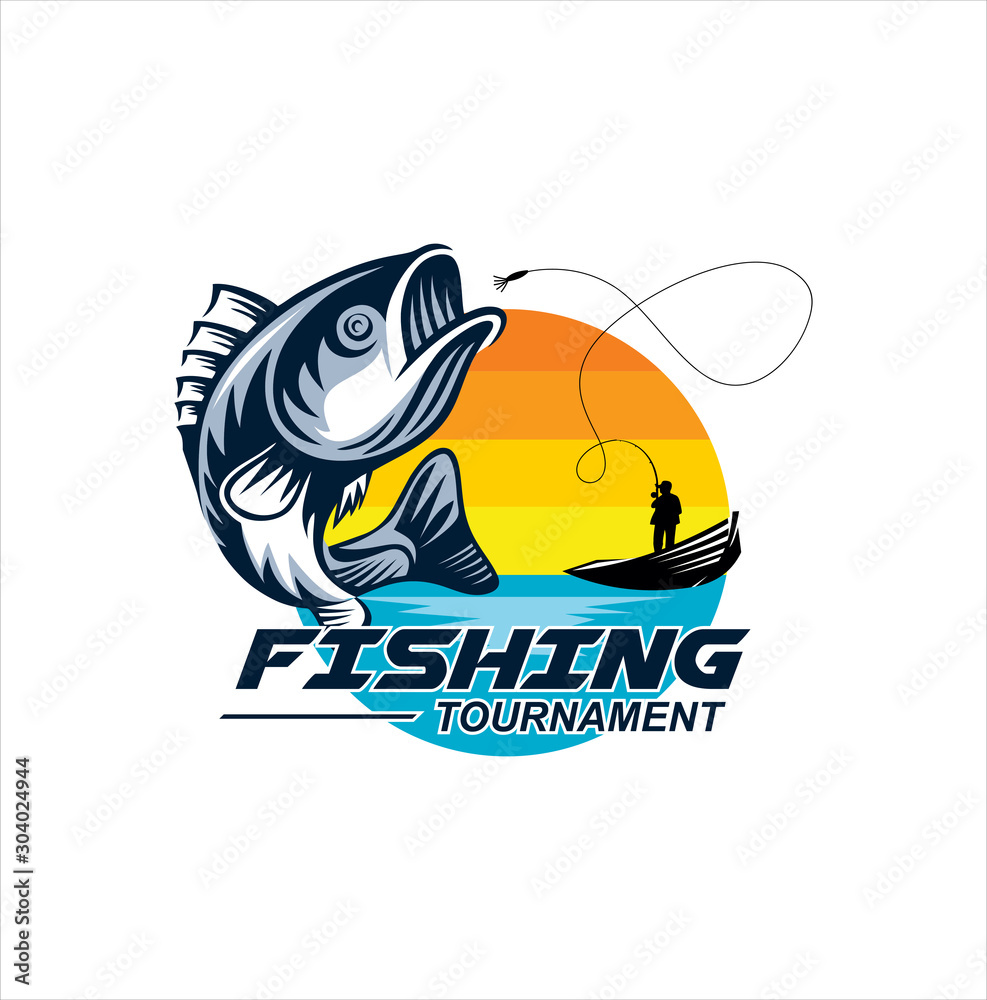 Fishing Logo Design Template. Fishing Logo Bass Fish With Club Emblem 