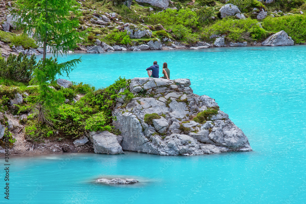 Beautiful Lake Sorapis (Lago di Sorapis) in Dolomites, popular travel destination in Italy Beautiful Lake Sorapis (Lago di Sorapis) in Dolomites, popular travel destination in Italy
