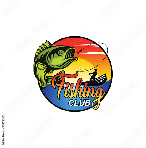 Fishing logo design template. Fishing logo bass fish with club emblem fishing . Sportfishing Logo .  fisherman logo 