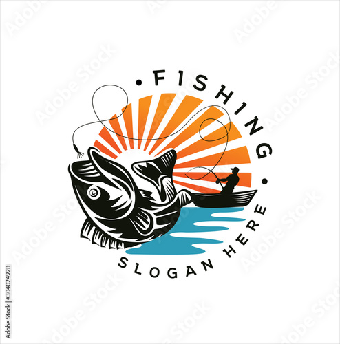 Fishing logo design template. Fishing logo bass fish with club emblem fishing . Sportfishing Logo .  fisherman logo 