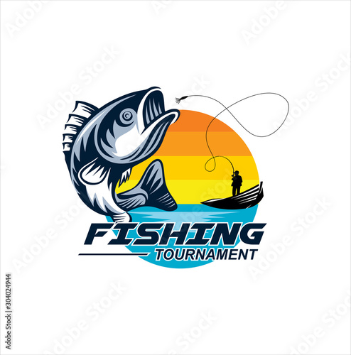 Fishing logo design template. Fishing logo bass fish with club emblem fishing . Sportfishing Logo .  fisherman logo 