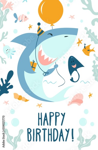 Happy birthday greeting card in marine style vector illustration. Festive template with cute smiling baby shark, fishes, ramp and starfish. Invitation on birth party flat style concept