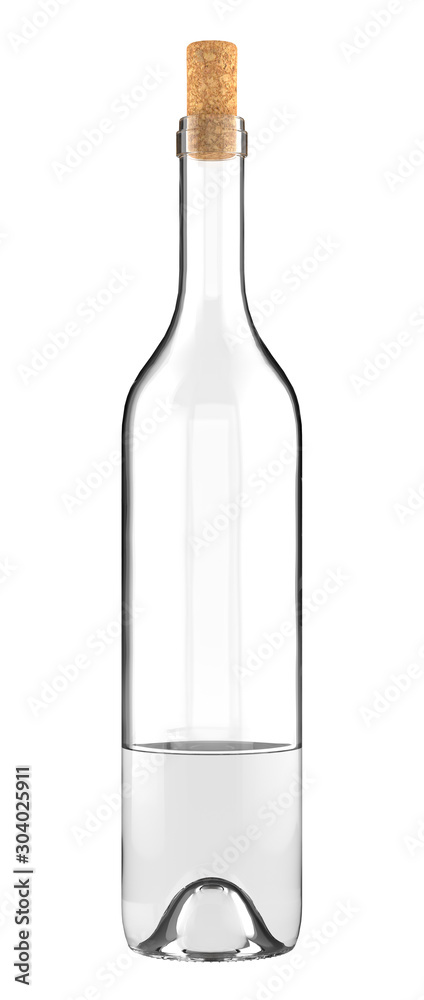 Standard Transparent Glass Bottle for Wine is Partially Filled. 26oz or 750ml (75cl, 0.75l) volume. 3D rendered Mock Up Isolated on White Background.