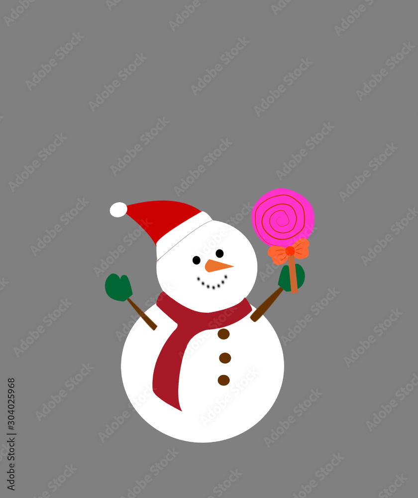 Cartoon Illustration of a Smiling Snowball with candy on hand