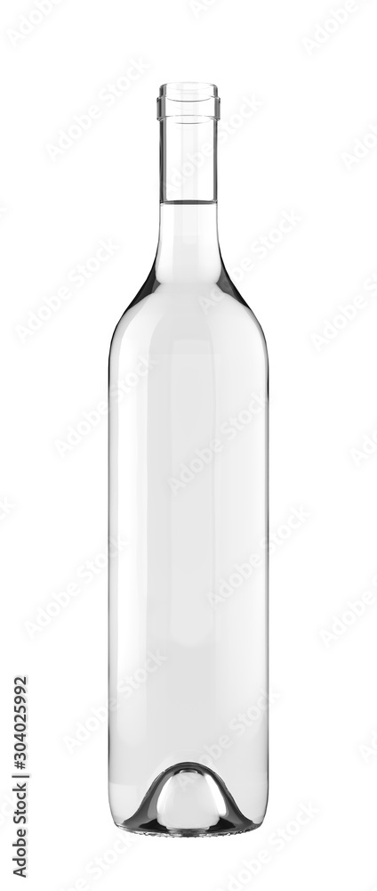 Standard Clear Full Open Wine Glass Bottle. 26oz or 750ml (75cl, 0.75l) volume. Isolated 3D rendered Mock Up on White Background.