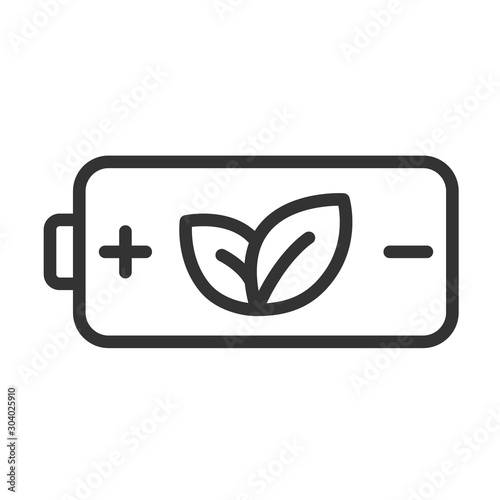Eco battery line vector icon isolated on white background. Accumulator battery with leaves outline stock icon for web and ui design. Eco friendly alternative energy concept.