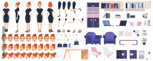 Girl boss constructor with office furniture set vector illustration. Female character with body parts, emotions and things for design flat style concept