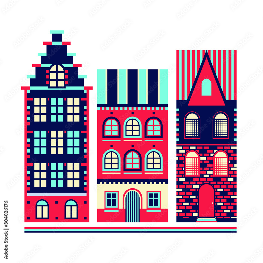 Big old town. Vector graphics. Multi-colored silhouettes of houses. Multi-storey architecture. Residential quarter.