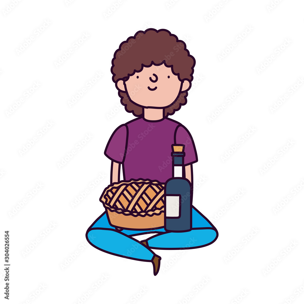 happy thanksgiving day young man sitting with cake and wine happy thanksgiving day young man sitting with cake and wine