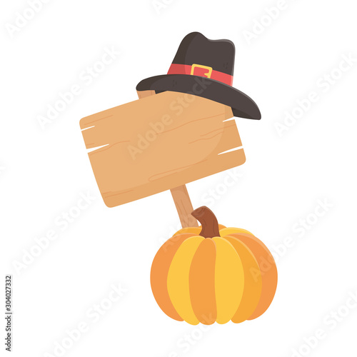 happy thanksgiving day pumpkin wooden sign pilgrim hat