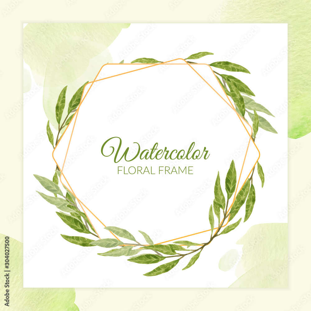 Watercolor rustic greenery floral frame with golden line