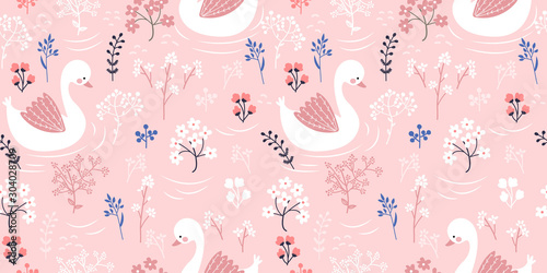 cute pink goose illustration in seamless pattern