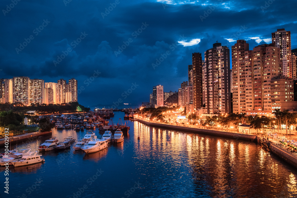Aberdeen, Hong Kong seen from Ap Lei Chau Bridge, in night time