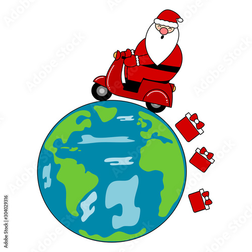 cute cartoon christmas vector illustration with Santa Claus driving scooter around the planet earth isolated on white background