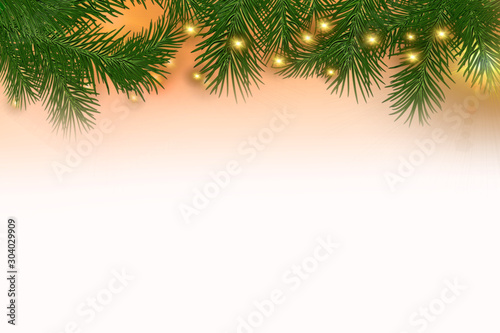 pastel pink background, fir tree, christmas lights. background for advertising or greetings.