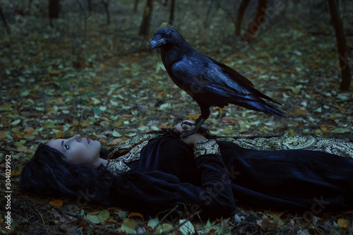 A mystical raven is sitting on a dead woman.