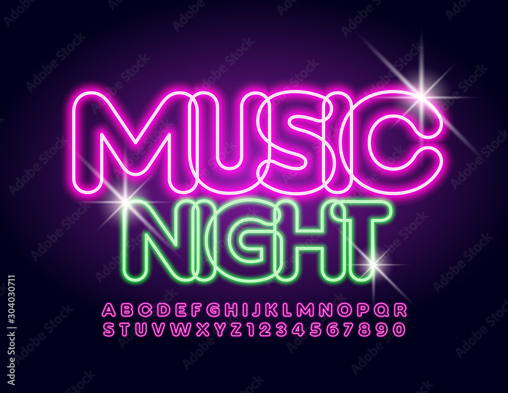 Vector colorful Emblem Music Night.  Illuminated stylish Font. Bright Alphabet Letters and Numbers.