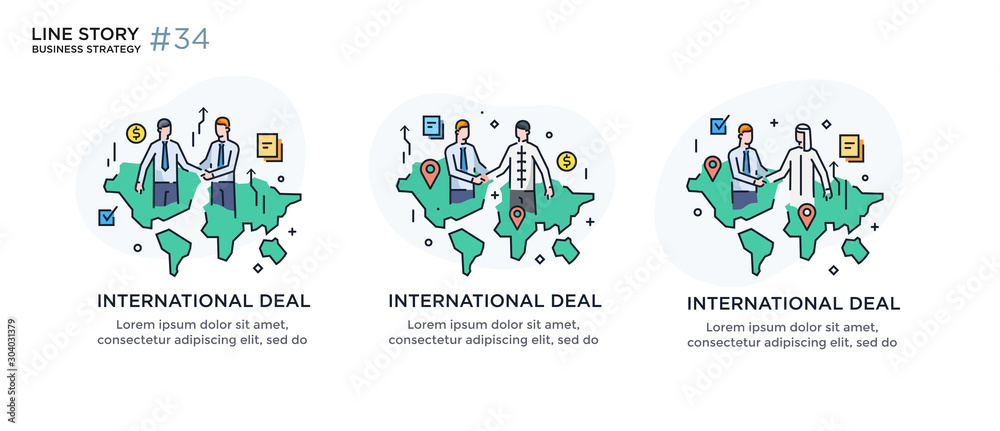 Set of illustrations concept with business concept. Workflow, growth, graphics. Business development, international cooperation. linear illustration Icons infographics. Landing page site print poster