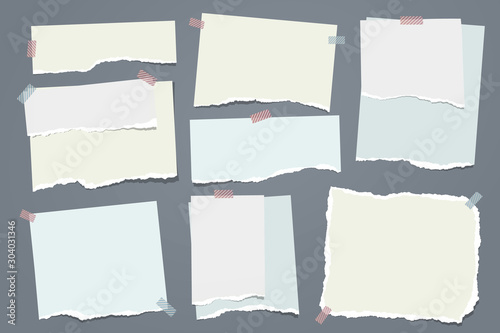 Torn white and colorful note, notebook paper strips and pieces stuck with sticky tape on dark grey background. Vector illustration